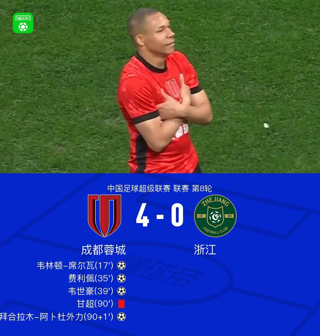 乐鱼体育-成都4-0浙江，席尔瓦传射，韦世豪、费利佩、拜合拉木破门